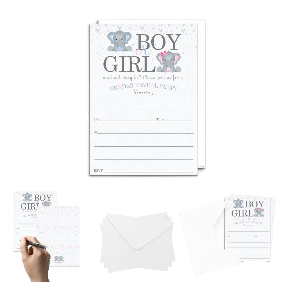 Elephant Gender Reveal Invites - 25ct Pink & Blue 5x7 - Invitations