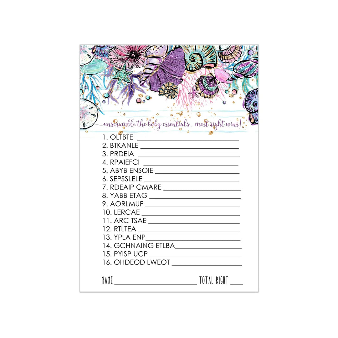 Enchanting Seashells Baby Shower Games Word Scramble - Paper Clever Party