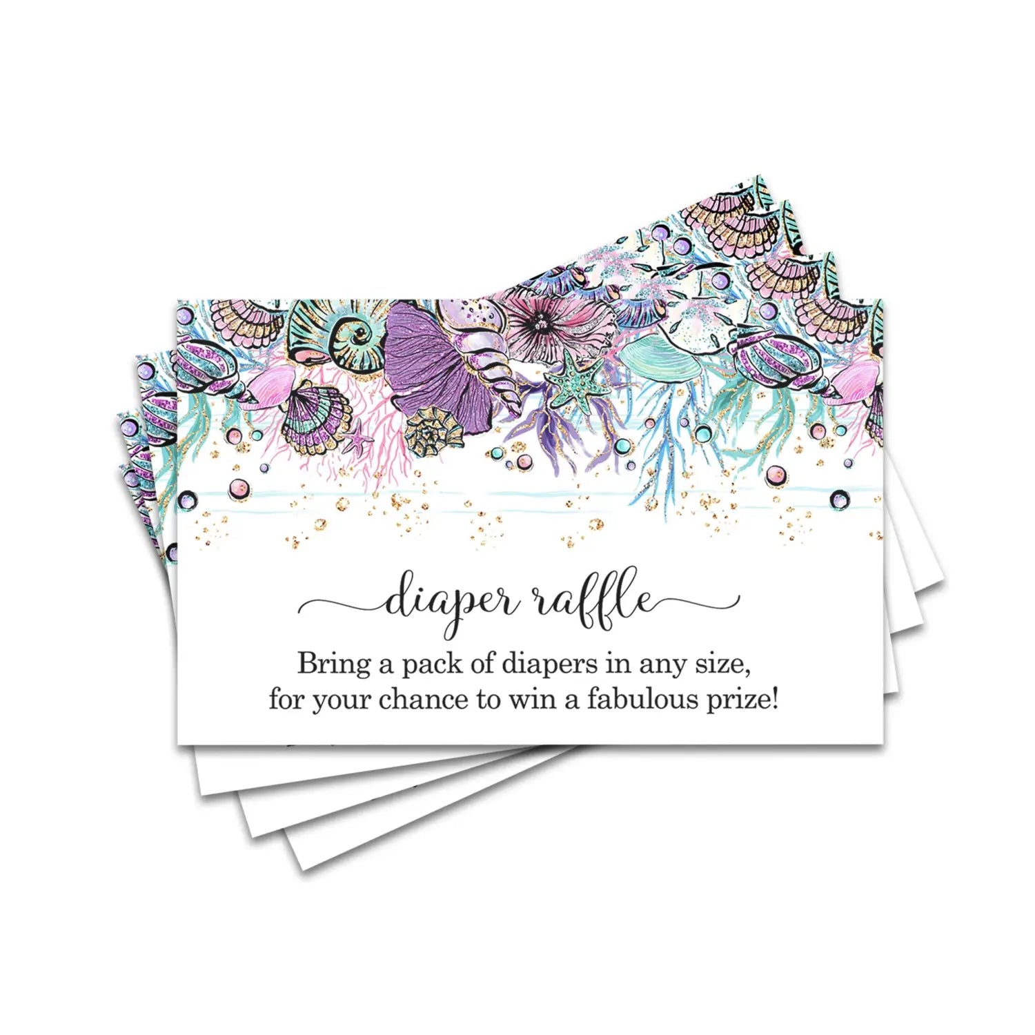 Enchanting seashells diaper raffle tickets for baby shower games - purple and teal theme - 25 pack - partry game