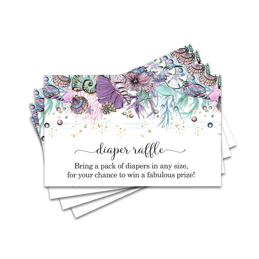 Enchanting Seashells Diaper Raffle Tickets for Baby Shower Games - Purple and Teal Theme - 25 Pack - Paper Clever Party