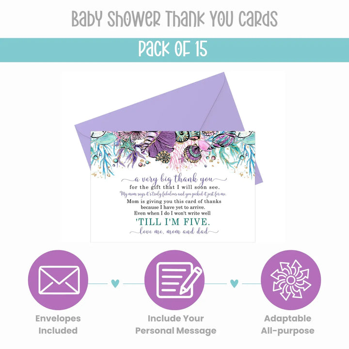 Enchanting Seashells Girls Baby Shower Thank You Cards - (15 Pack) with Purple Envelopes, 4x6 - Paper Clever Party