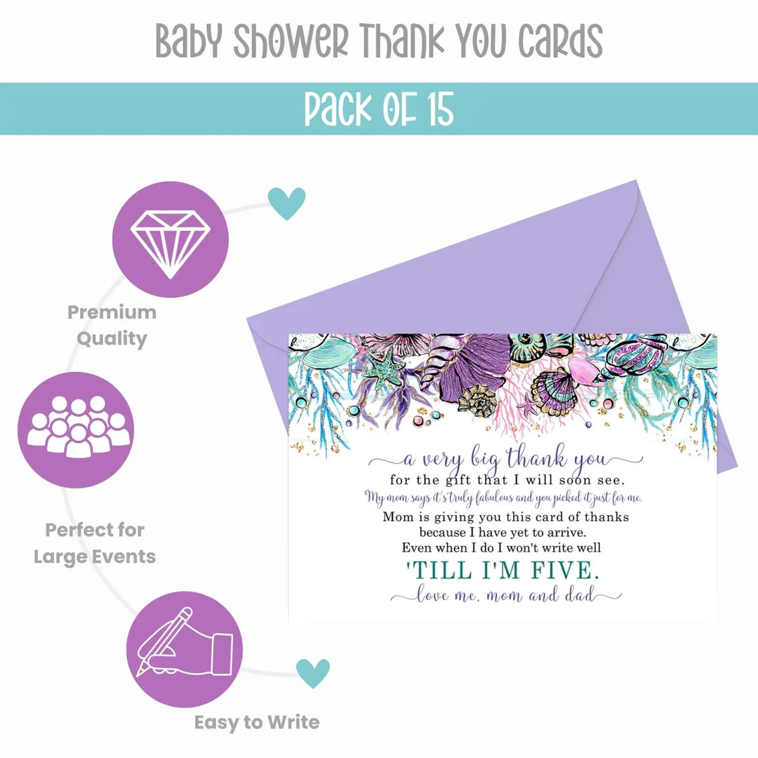 Enchanting Seashells Girls Baby Shower Thank You Cards - (15 Pack) with Purple Envelopes, 4x6 - Paper Clever Party