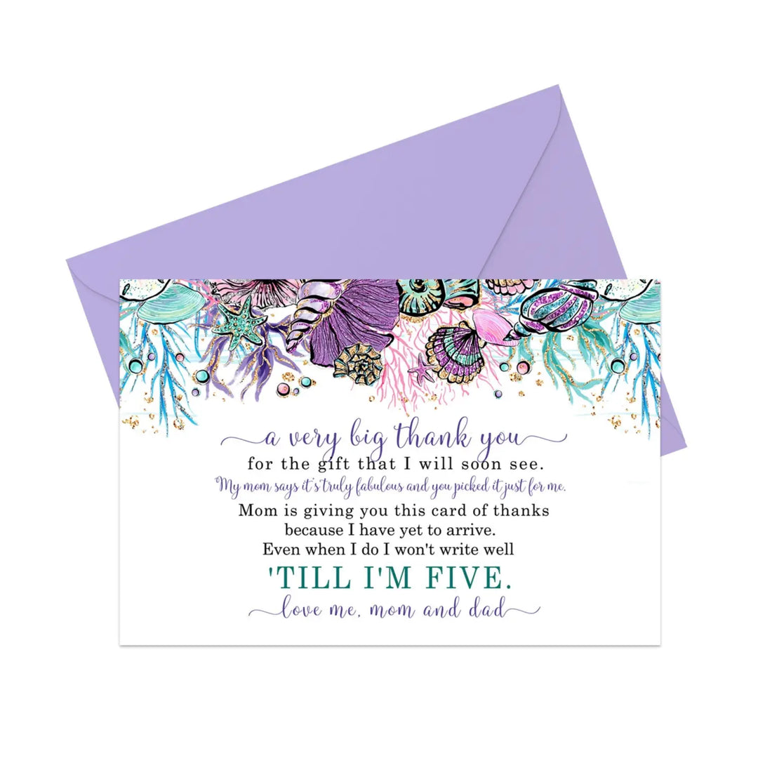 Enchanting Seashells Girls Baby Shower Thank You Cards - (15 Pack) with Purple Envelopes, 4x6 - Paper Clever Party