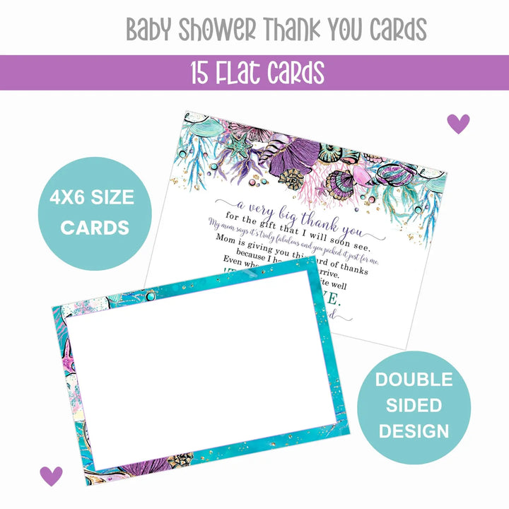 Enchanting Seashells Girls Baby Shower Thank You Cards - (15 Pack) with Purple Envelopes, 4x6 - Paper Clever Party