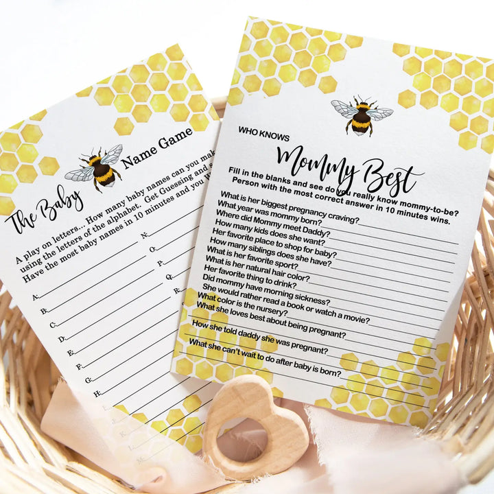 Mama to Bee Baby Shower Games, 25 Each - Baby Name Race and Who Knows Mommy Best, Fun Baby Games for Baby Shower, Bumblebee Favors Decor Ideas, Gender Neutral Baby Shower Activity Planning, Two-Sided