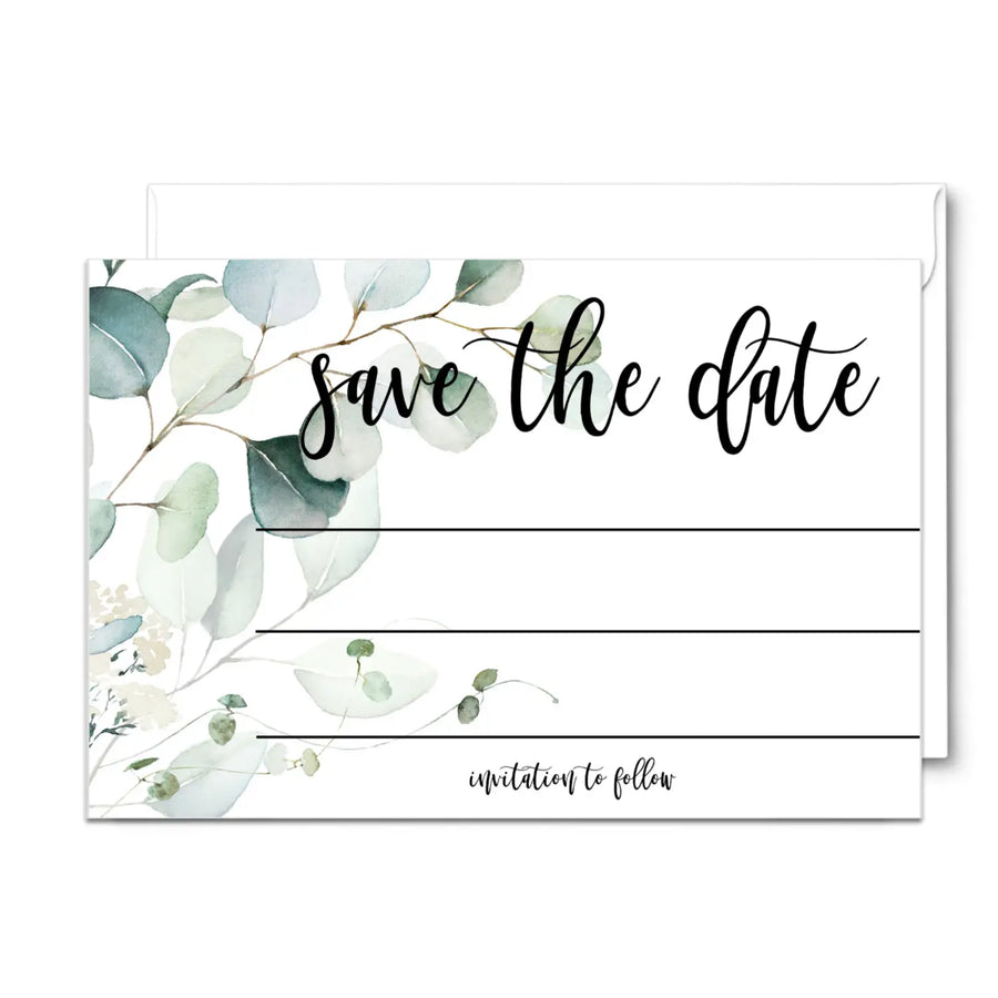 Eucalyptus Greenery Save the Date Cards (25 Pack) - Eco-Friendly Invitations with Envelopes - 3.5x5 - Paper Clever Party