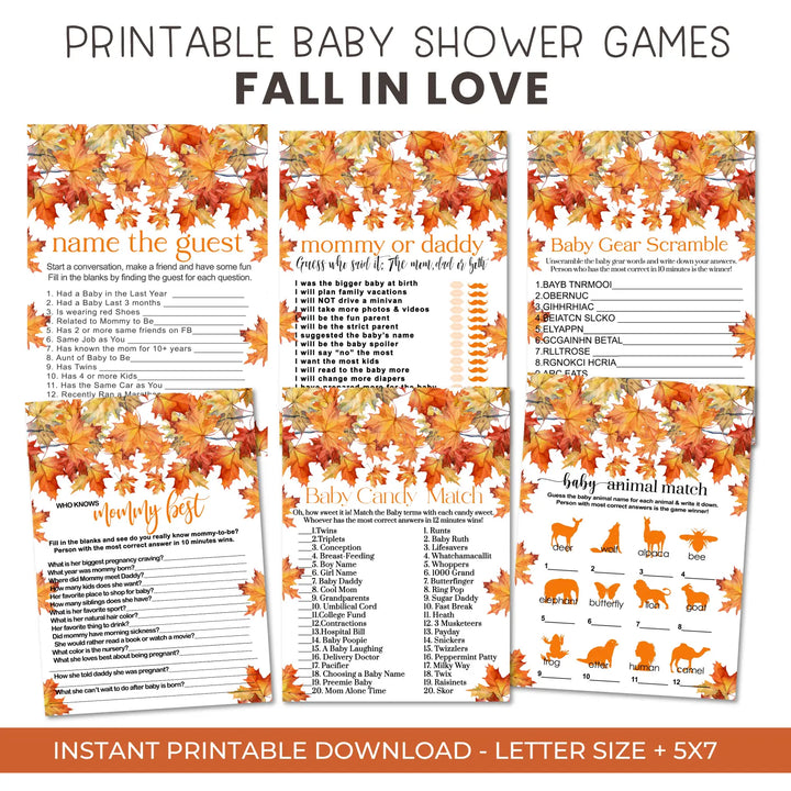 Fall in love baby shower games bundle – instant download printable activities coed celebration fun digital game diy