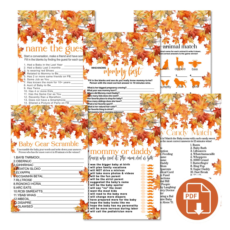 Fall in love baby shower games bundle – instant download printable activities coed celebration fun digital game diy