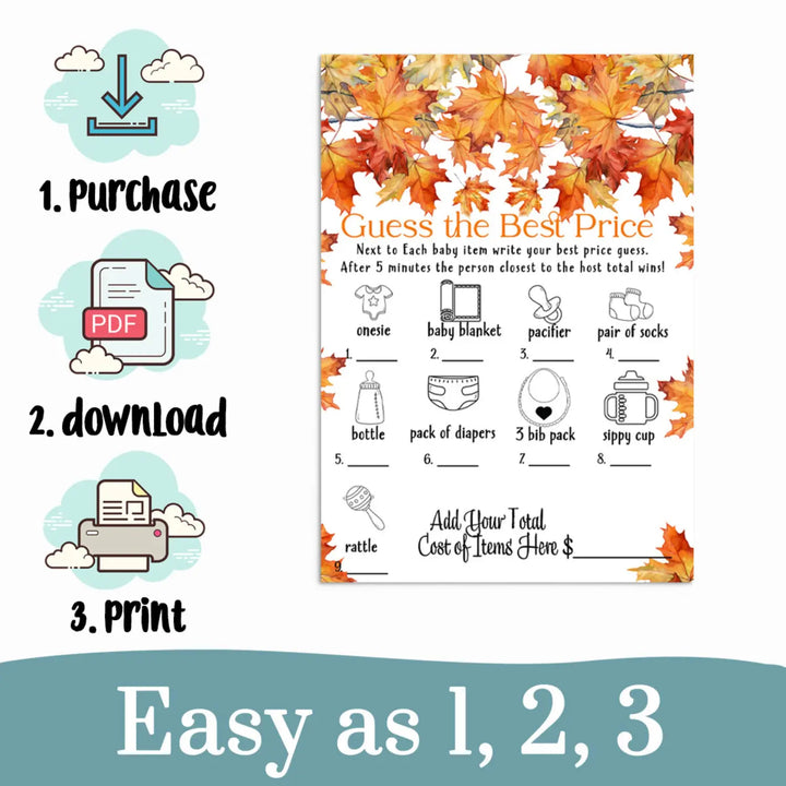 Fall in Love Baby Shower Guess the Price is Right Game Printable Autumn Leaves - Paper Clever Party