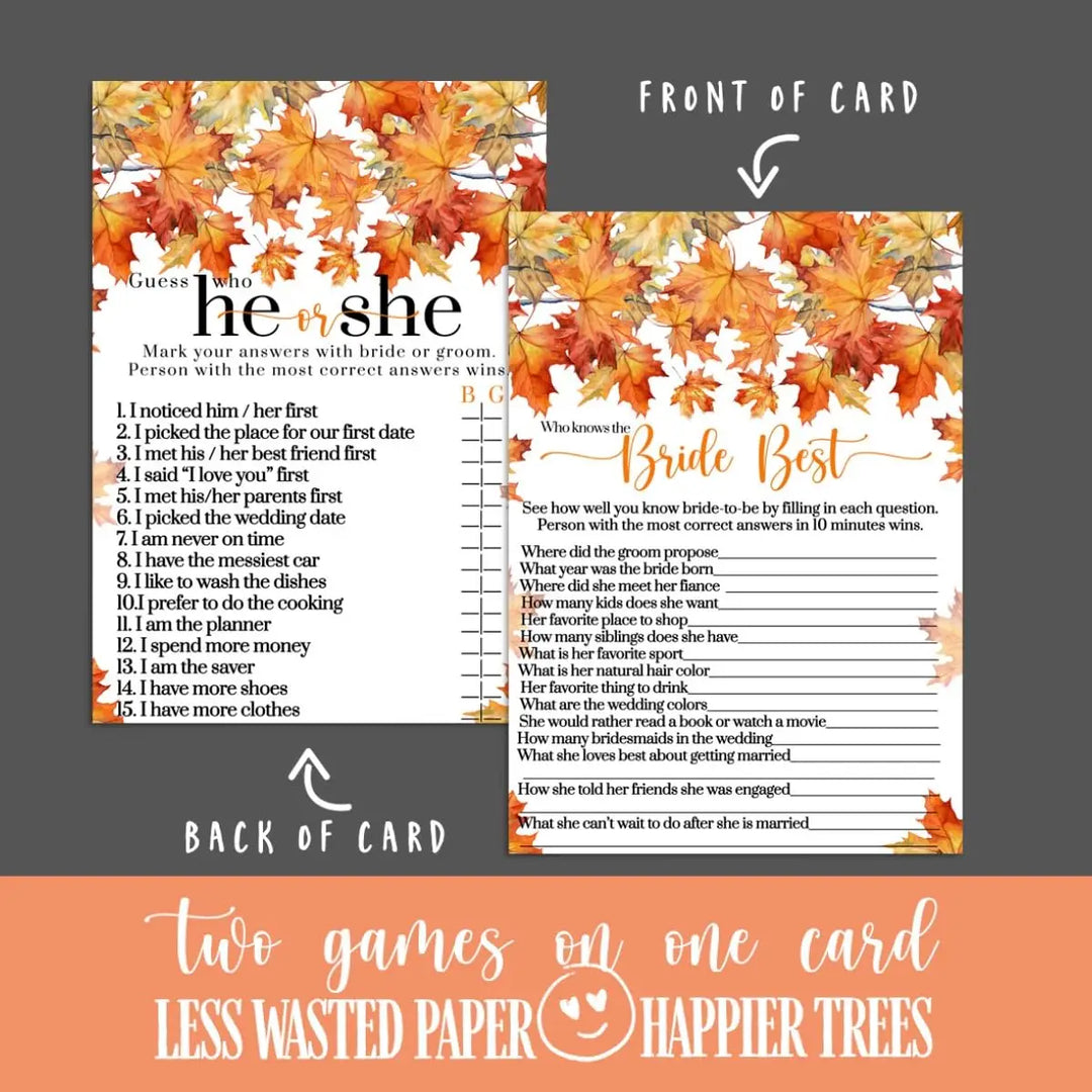 Autumnal Charm Bride Best and He or She Said Fall Bridal Shower Game - Halloween Wedding Theme, 25 Double-Sided Cards - Paper Clever Party