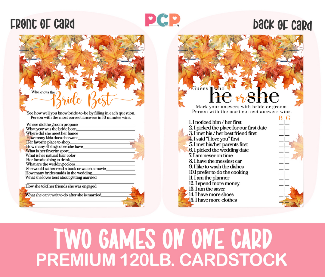 Fall In Love Bridal Shower Game He or She Said Fall Wedding Theme 25 Double-Sided Cards - Paper Clever Party