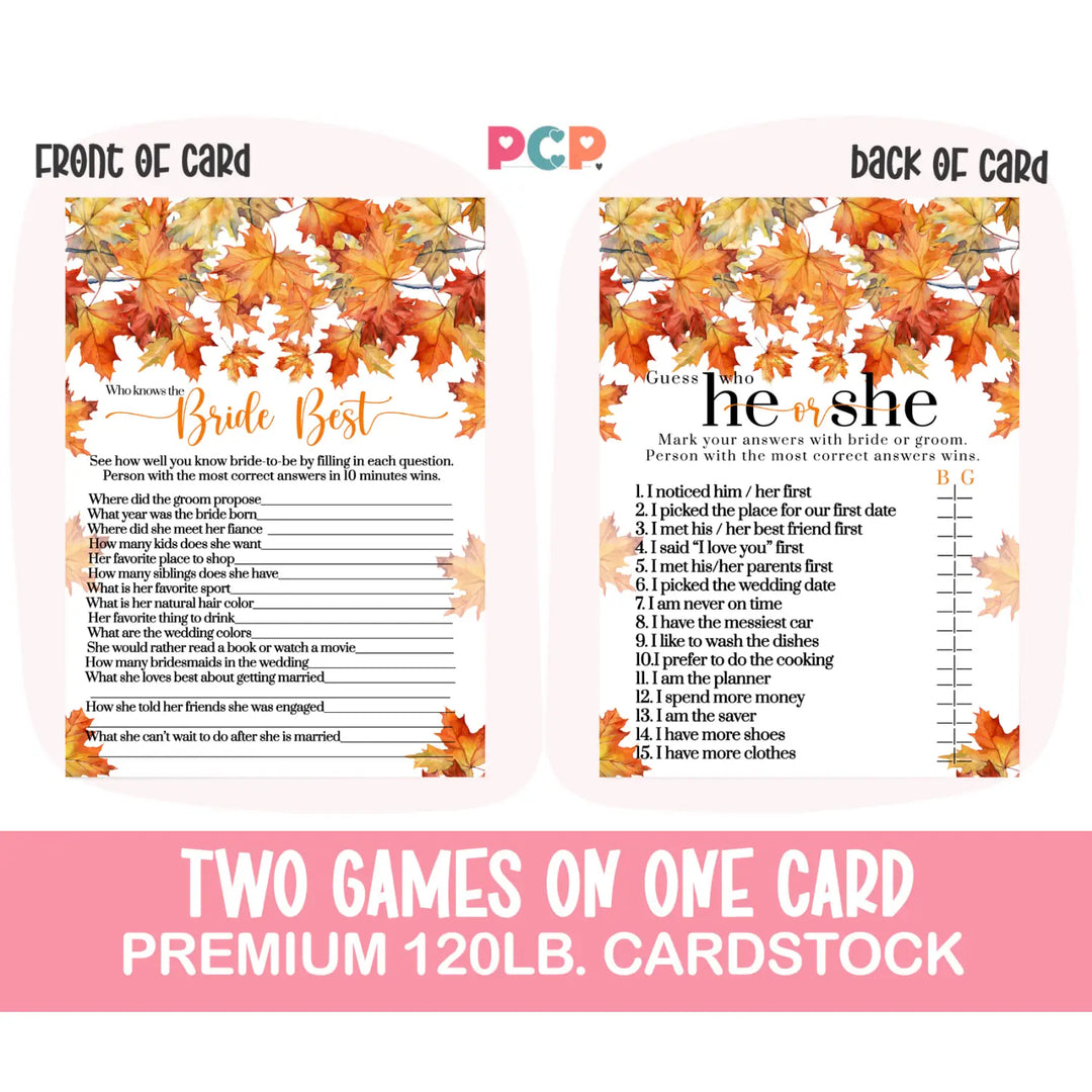 Fall In Love Bridal Shower Game He or She Said Fall Wedding Theme 25 Double-Sided Cards - Paper Clever Party