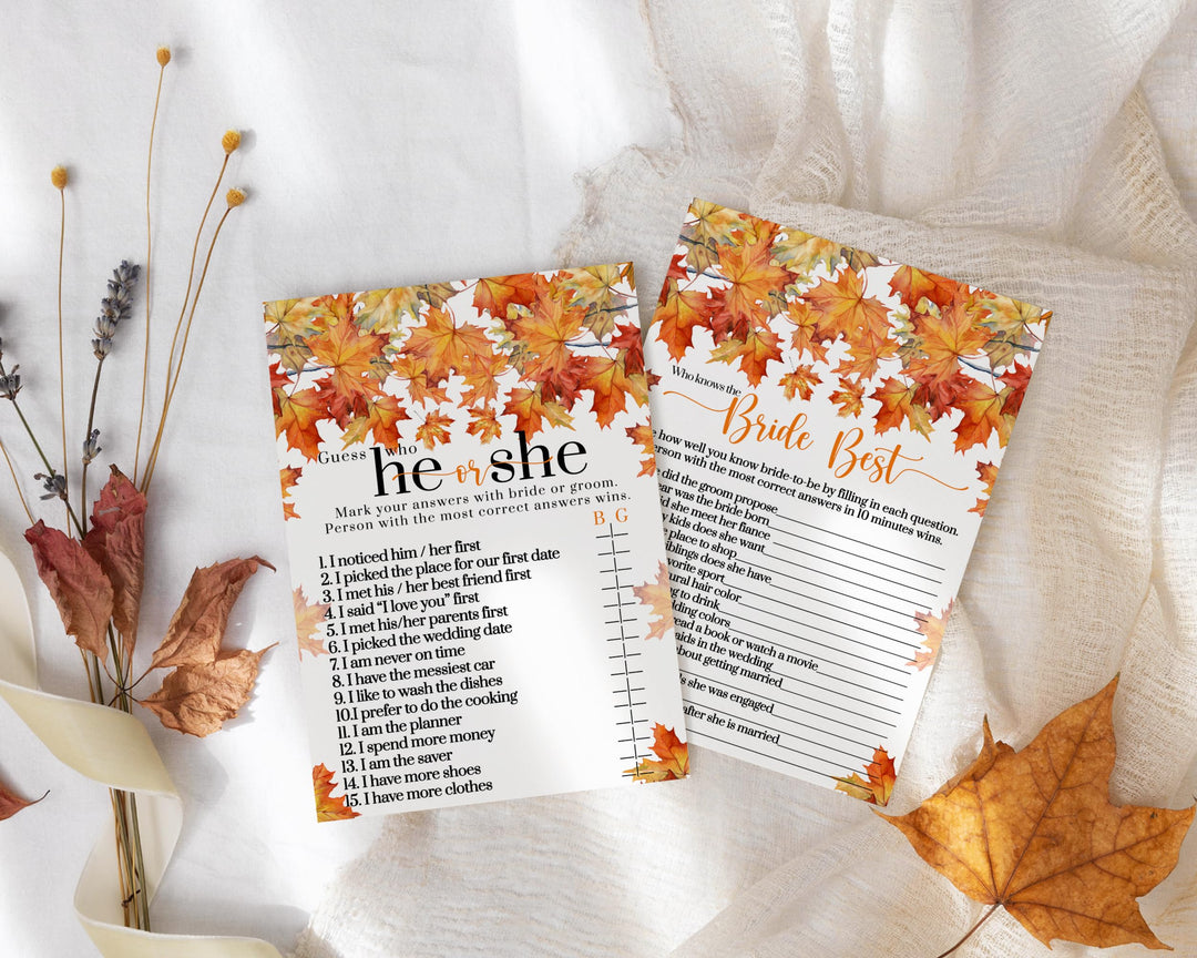 Autumnal Charm Bride Best and He or She Said Fall Bridal Shower Game - Halloween Wedding Theme, 25 Double-Sided Cards - Paper Clever Party