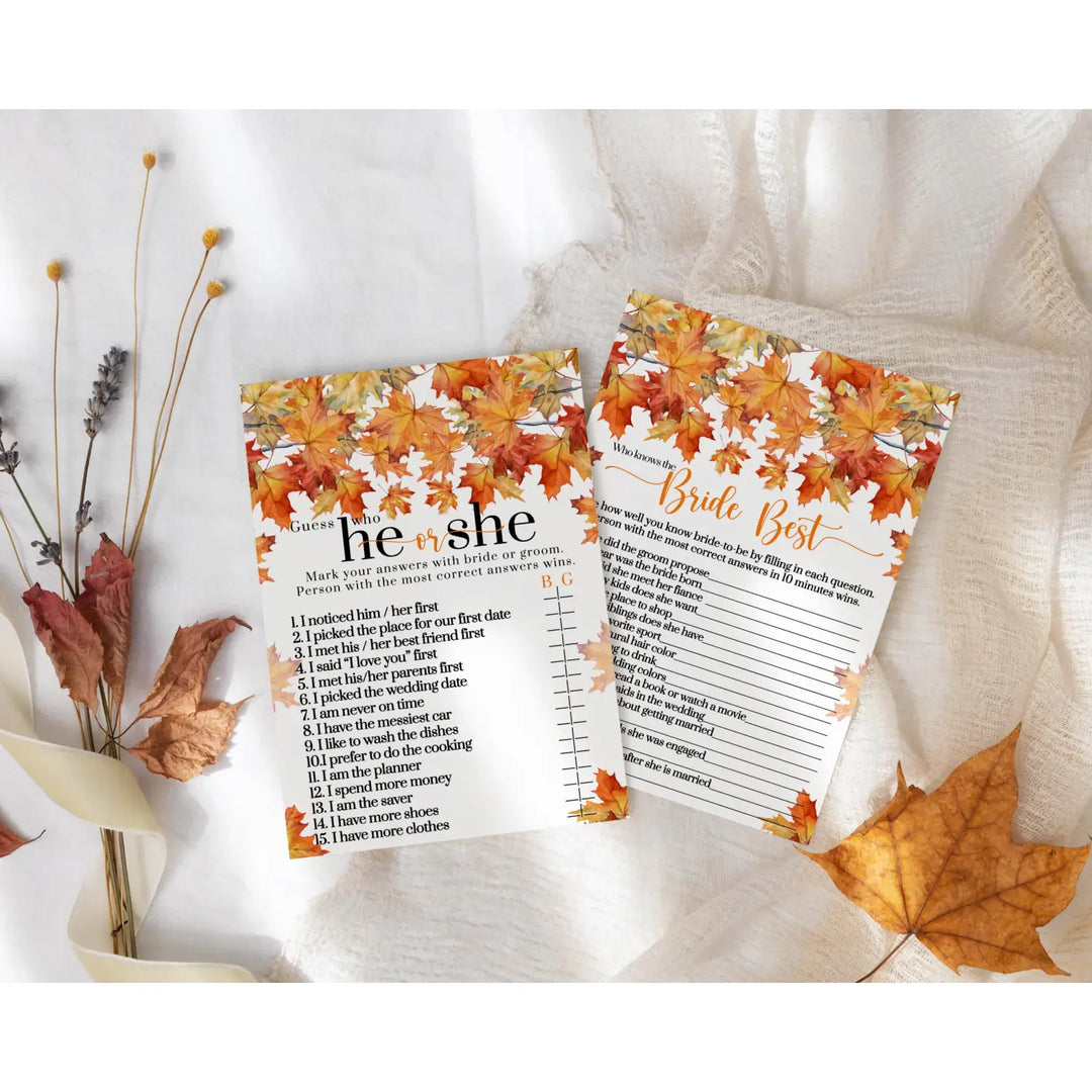 Autumnal Charm Bride Best and He or She Said Fall Bridal Shower Game - Halloween Wedding Theme, 25 Double-Sided Cards - Paper Clever Party