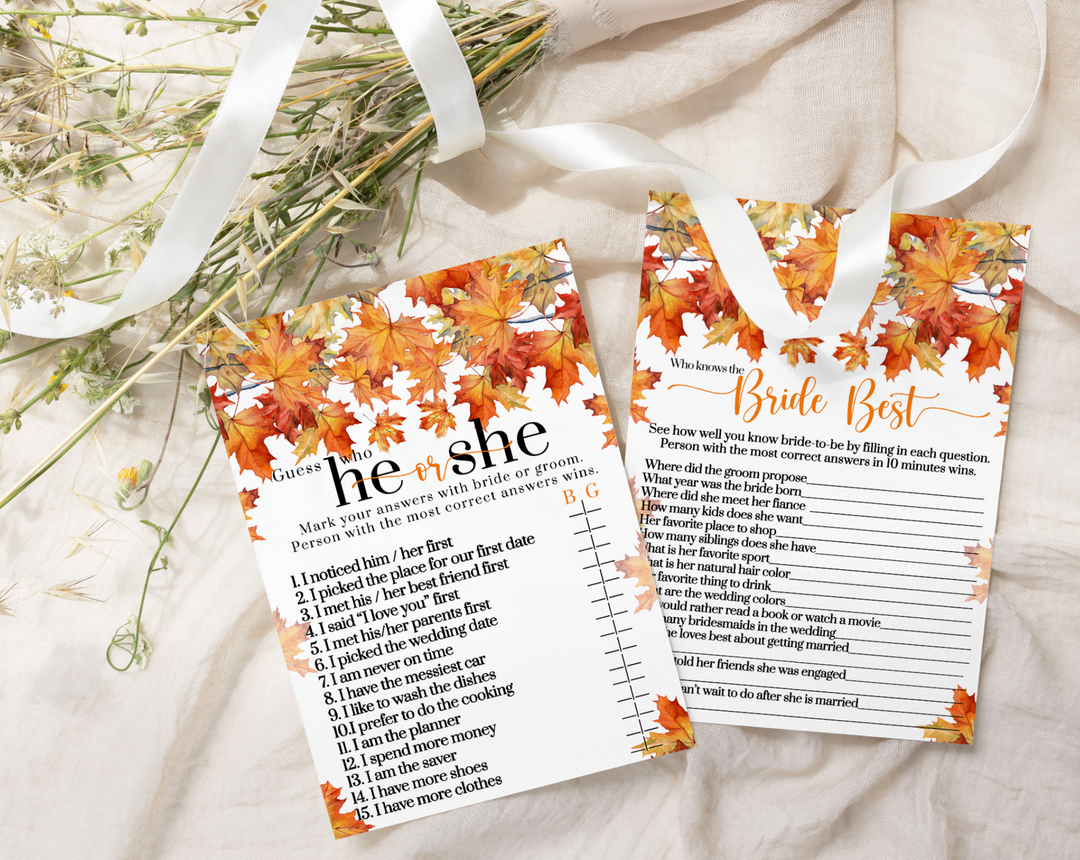 Fall In Love Bridal Shower Game He or She Said Fall Wedding Theme 25 Double-Sided Cards - Paper Clever Party