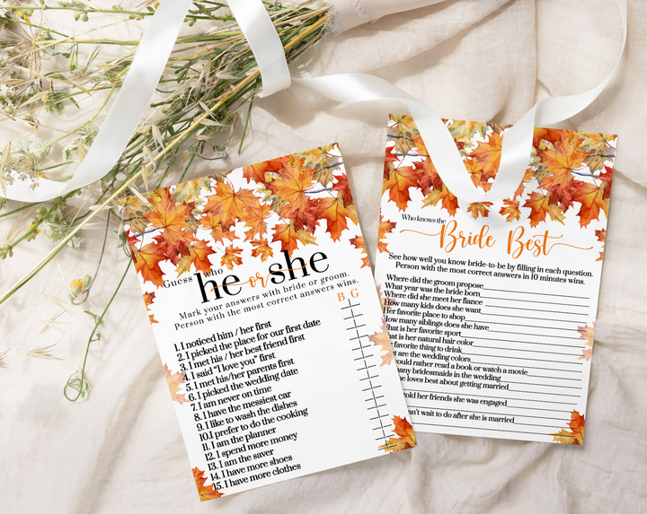 Fall In Love Bridal Shower Game He or She Said Fall Wedding Theme 25 Double-Sided Cards - Paper Clever Party