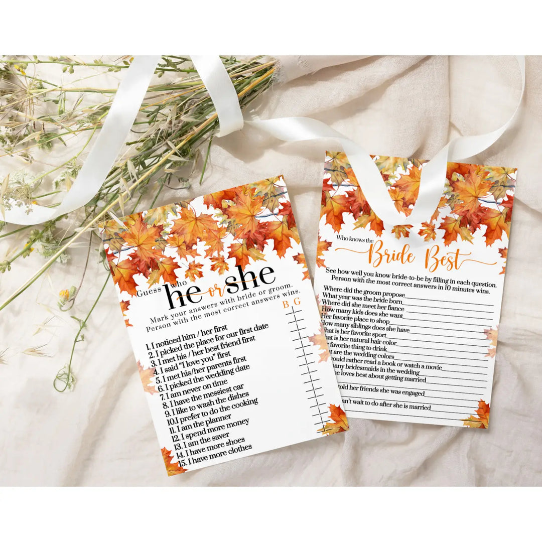 Fall In Love Bridal Shower Game He or She Said Fall Wedding Theme 25 Double-Sided Cards - Paper Clever Party