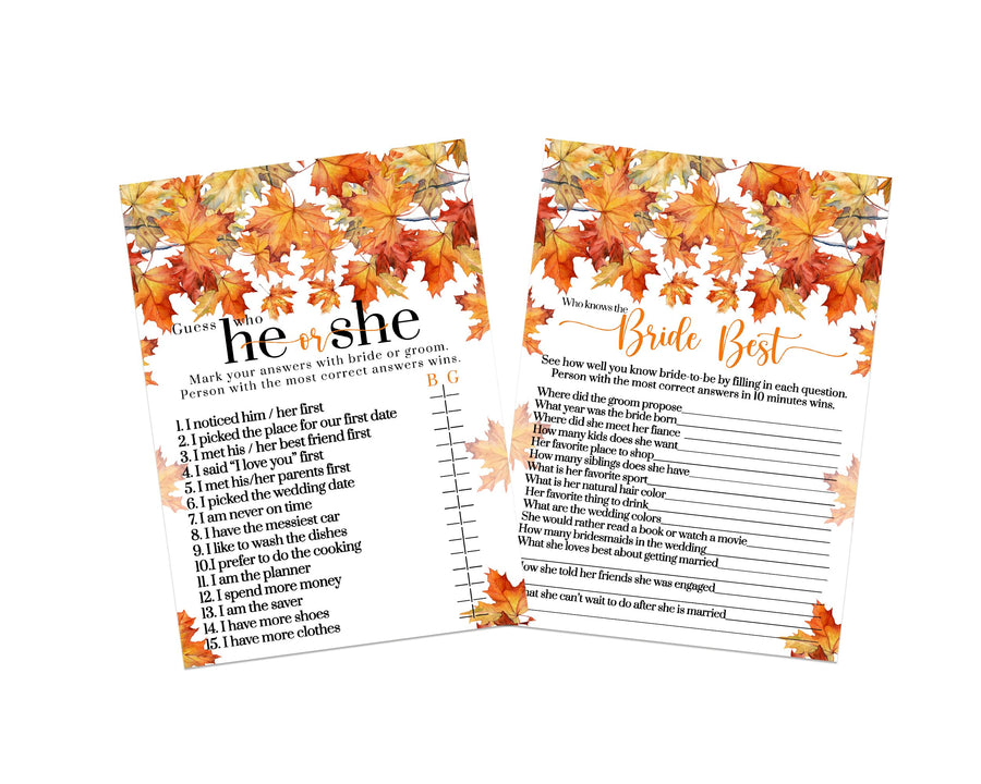 Autumnal Charm Bride Best and He or She Said Fall Bridal Shower Game - Halloween Wedding Theme, 25 Double-Sided Cards - Paper Clever Party