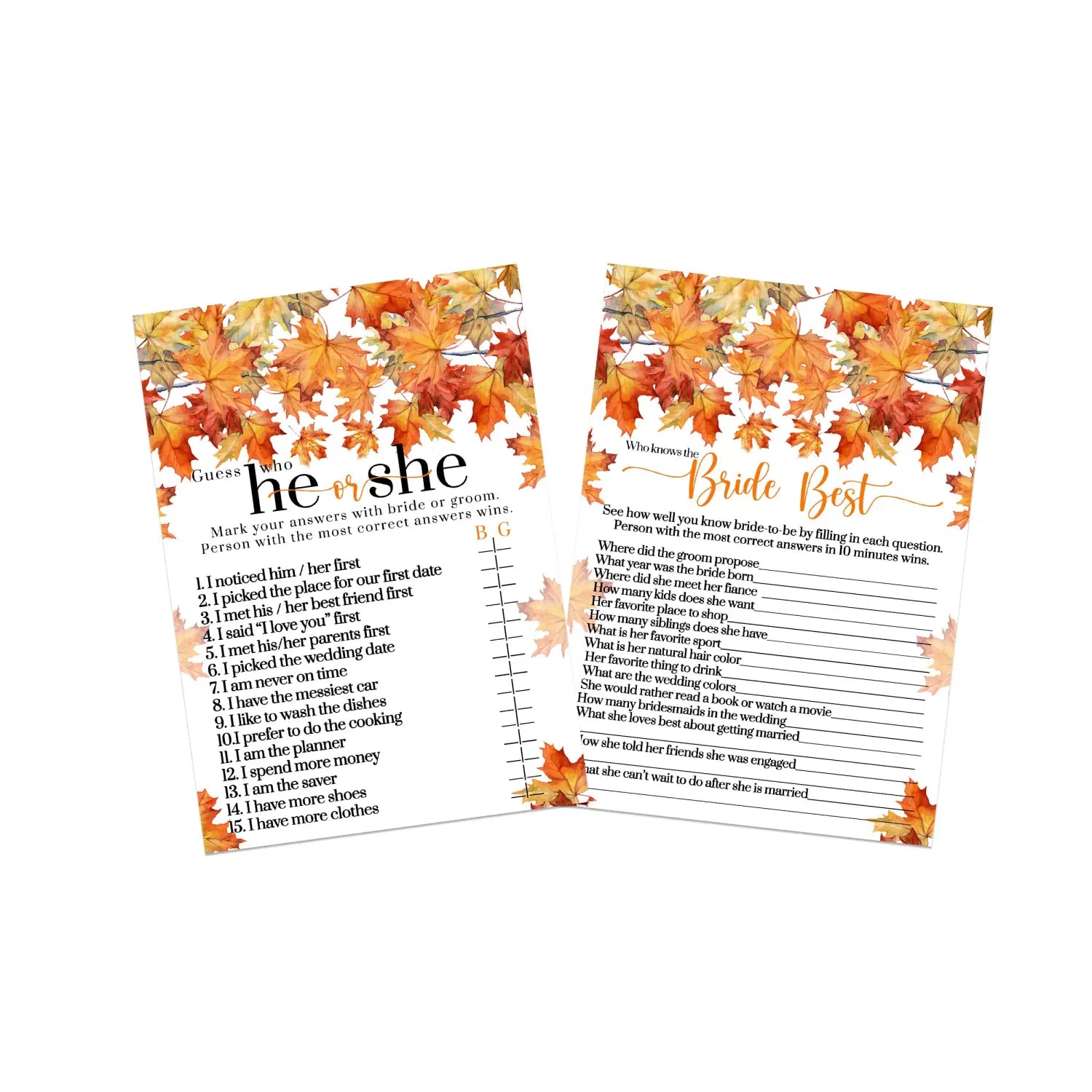 Fall in love bridal shower game he or she said wedding theme 25 double-sided cards - party games