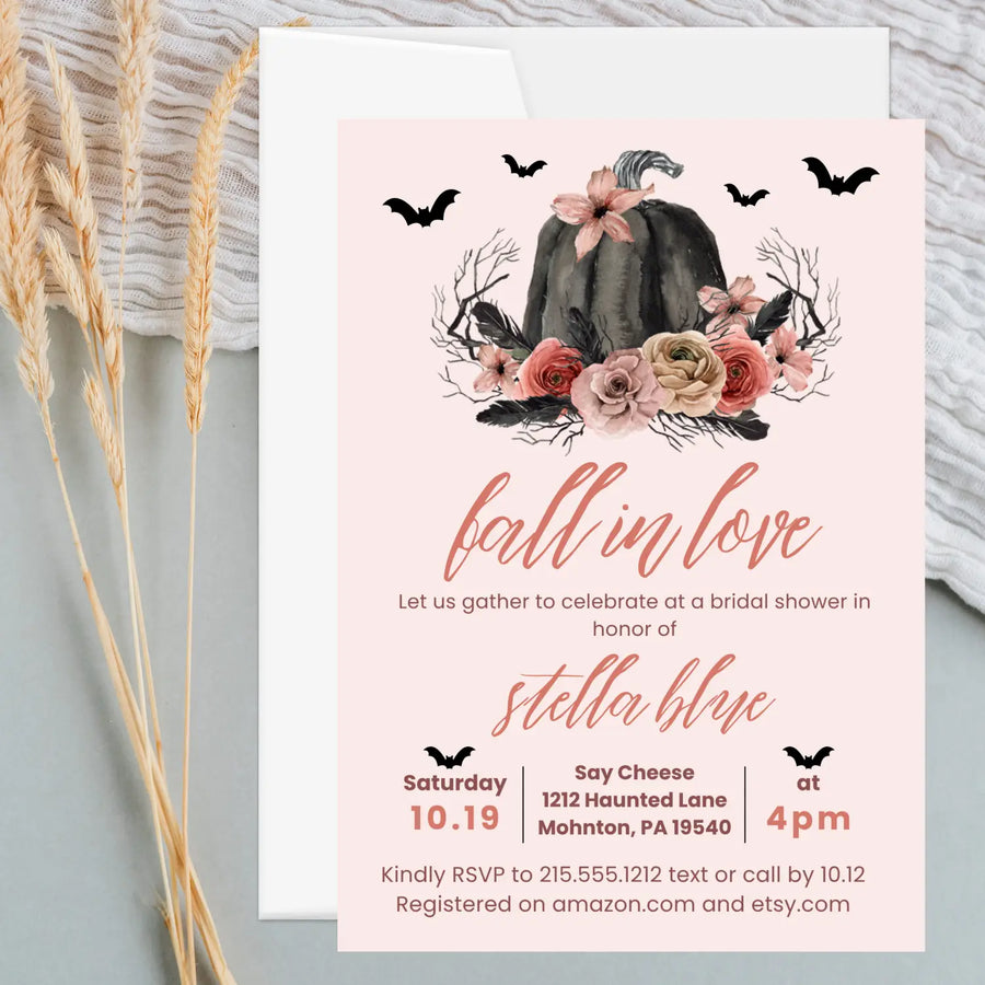 Fall in love bridal shower invitations gothic wedding invites custom printed or printable digital files