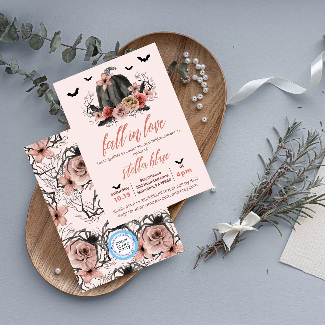 Fall in love bridal shower invitations gothic wedding invites custom printed or printable digital files