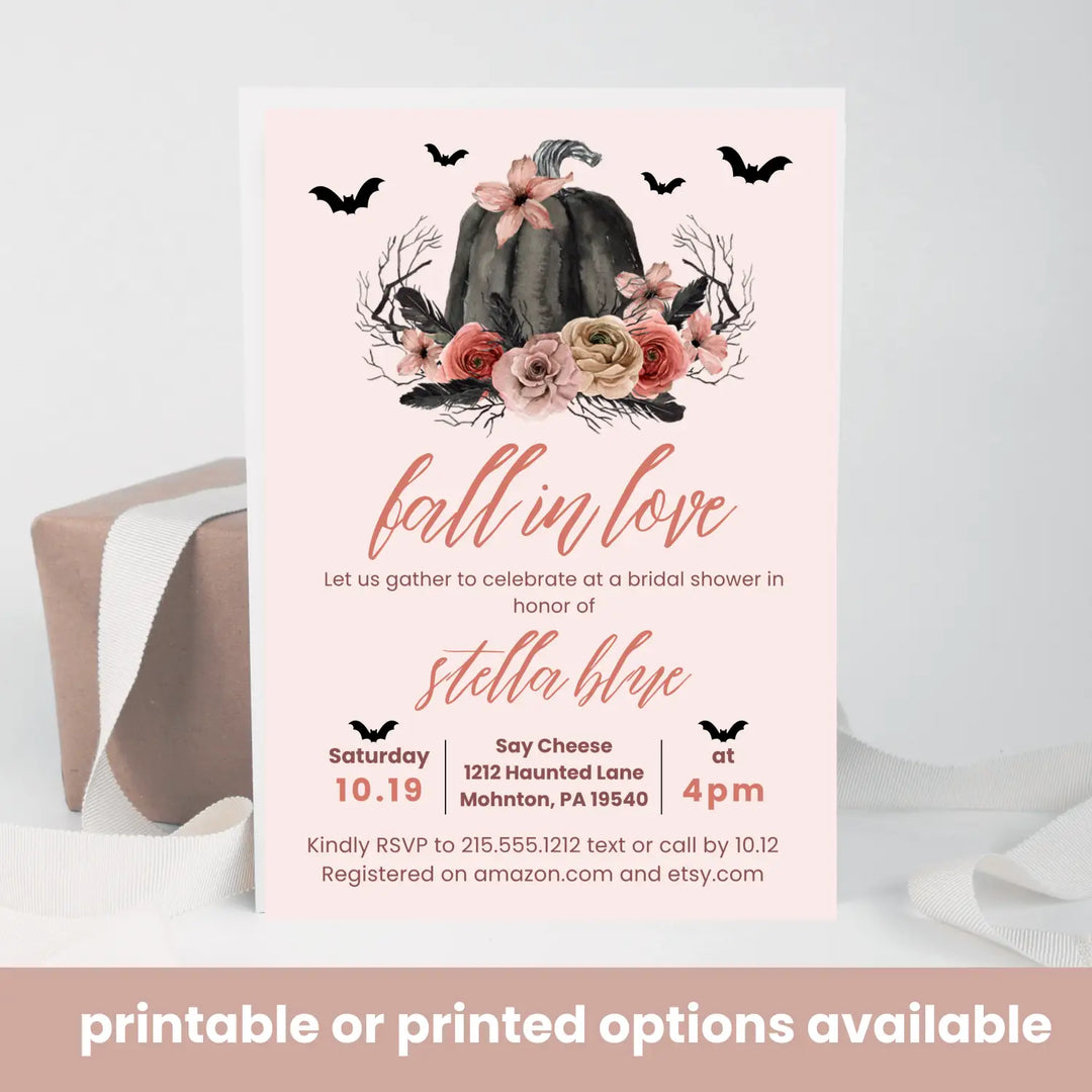 Fall in love bridal shower invitations gothic wedding invites custom printed or printable digital files