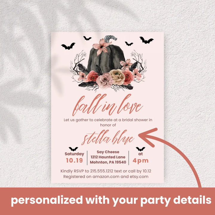 Fall in love bridal shower invitations gothic wedding invites custom printed or printable digital files