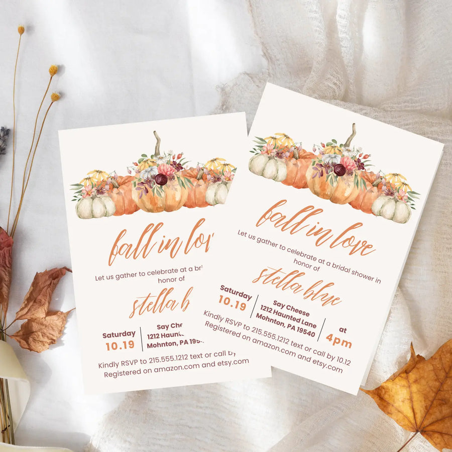 Fall in love bridal shower invitations pumpkin wedding invites custom or printed printable digital files