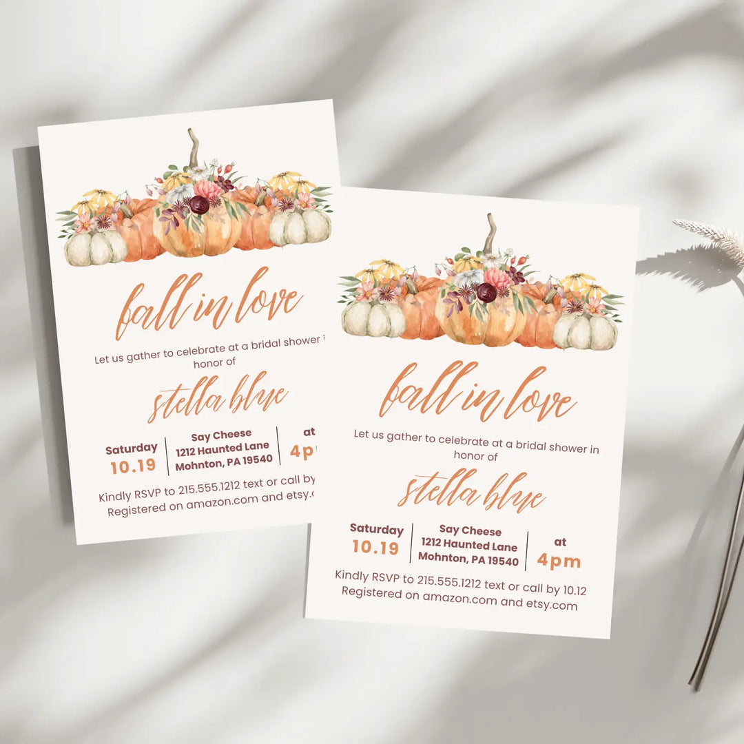 Fall in love bridal shower invitations pumpkin wedding invites custom or printed printable digital files