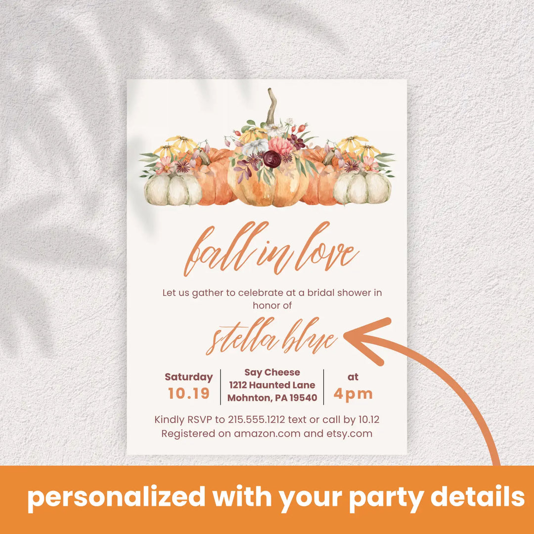 Fall in love bridal shower invitations pumpkin wedding invites custom or printed printable digital files