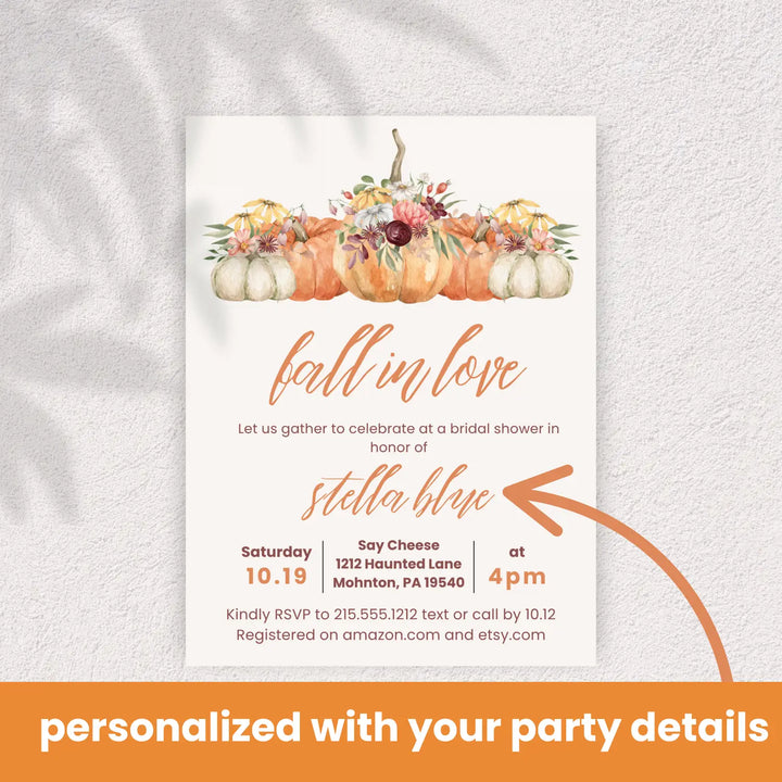 Fall in love bridal shower invitations pumpkin wedding invites custom or printed printable digital files
