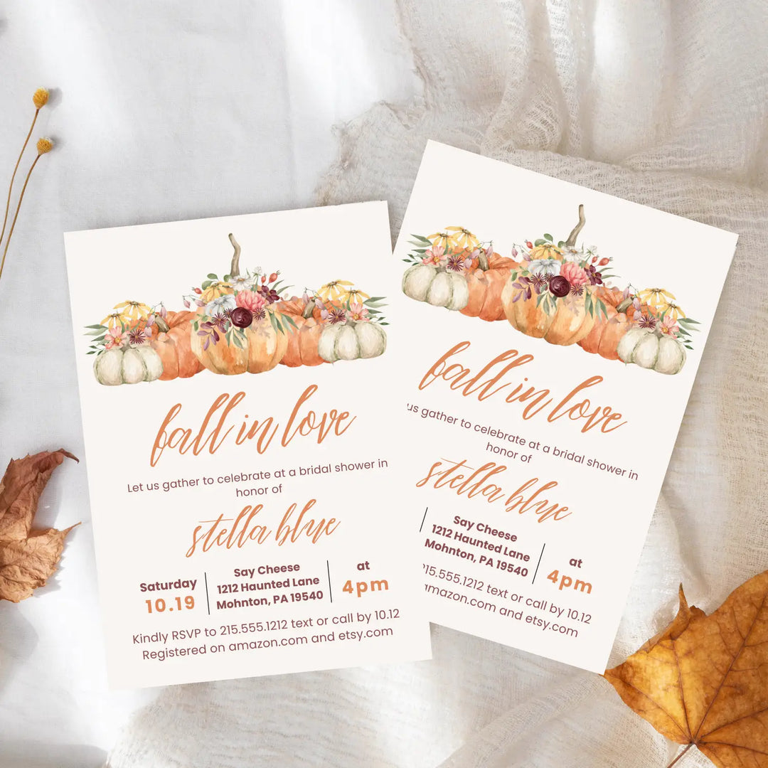 Fall in love bridal shower invitations pumpkin wedding invites custom or printed printable digital files