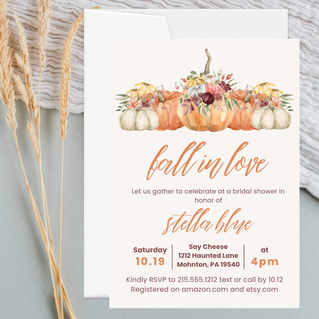 Fall in love bridal shower invitations pumpkin wedding invites custom or printed printable digital files