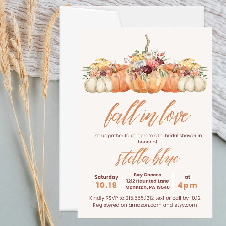 Fall in love bridal shower invitations pumpkin wedding invites custom or printed printable digital files