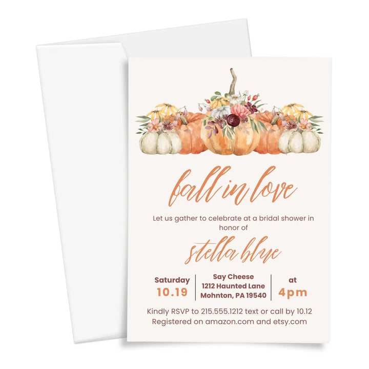 Fall in love bridal shower invitations pumpkin wedding invites custom or printed printable digital files