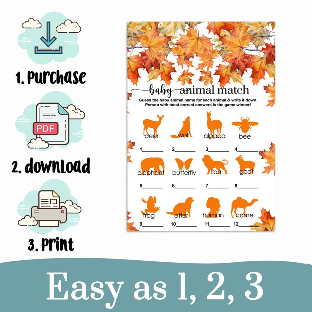 Fall in Love Printable Baby Shower Animal Matching Game Download DIY Party Activity - Paper Clever Party