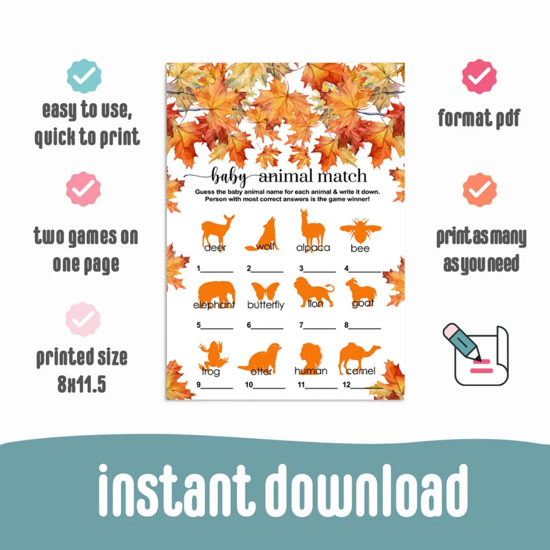 Fall in Love Printable Baby Shower Animal Matching Game Download DIY Party Activity - Paper Clever Party