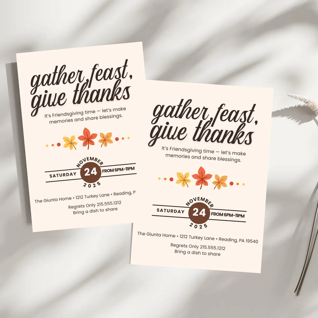 Festive leaves thanks invitations printed or printable thanksgiving digital invites for fall baby shower friendsgiving