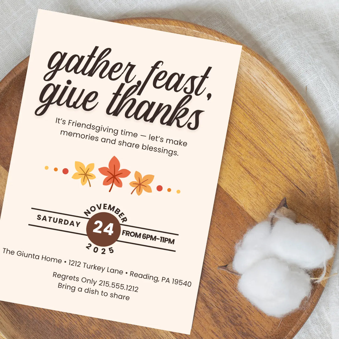 Festive leaves thanks invitations printed or printable thanksgiving digital invites for fall baby shower friendsgiving