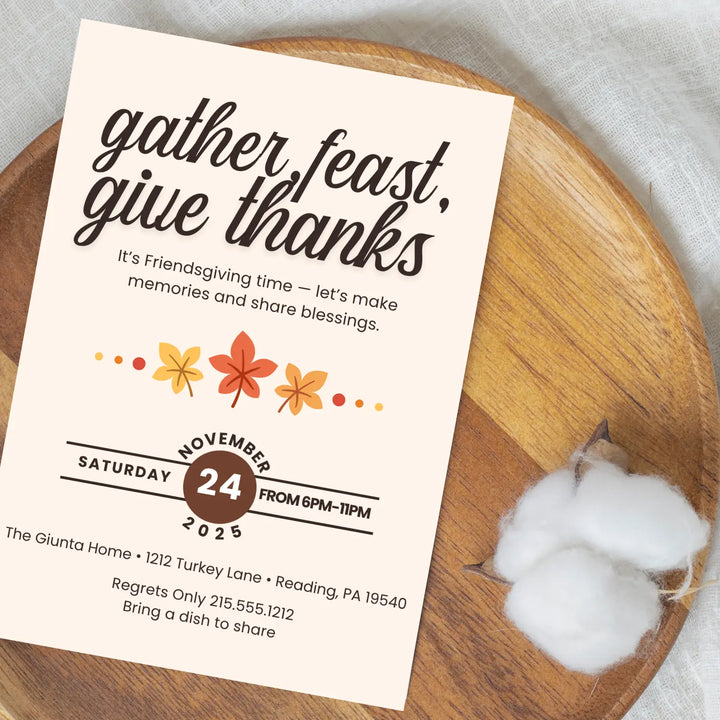 Festive leaves thanks invitations printed or printable thanksgiving digital invites for fall baby shower friendsgiving
