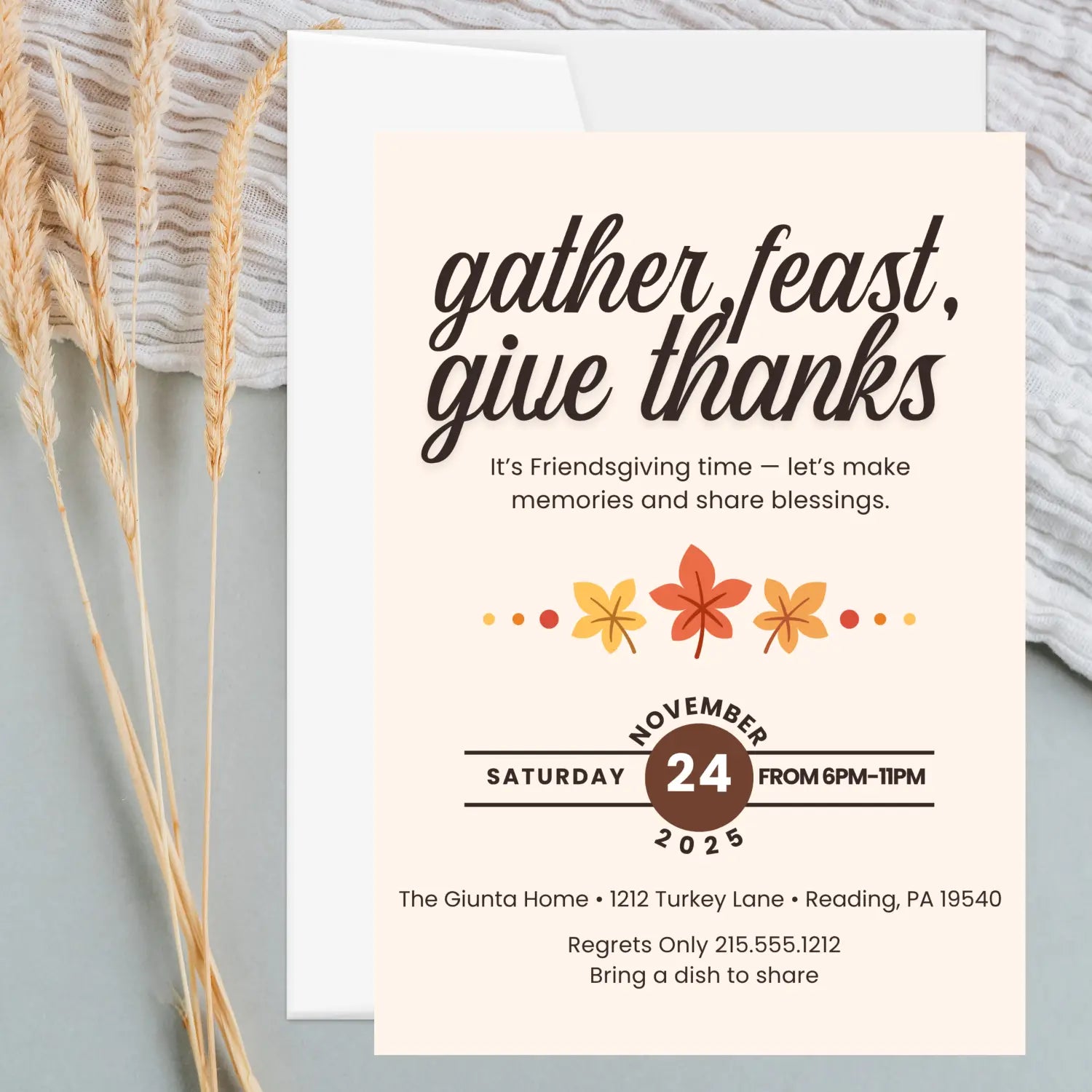 Festive leaves thanks invitations printed or printable thanksgiving digital invites for fall baby shower friendsgiving