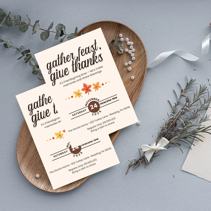 Festive leaves thanks invitations printed or printable thanksgiving digital invites for fall baby shower friendsgiving