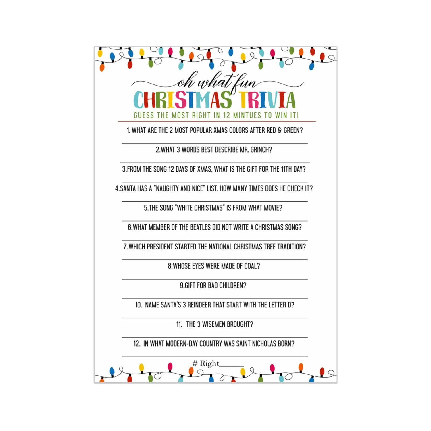 Festive lights christmas trivia game fun party activity with holiday movie and song questions for adults office group