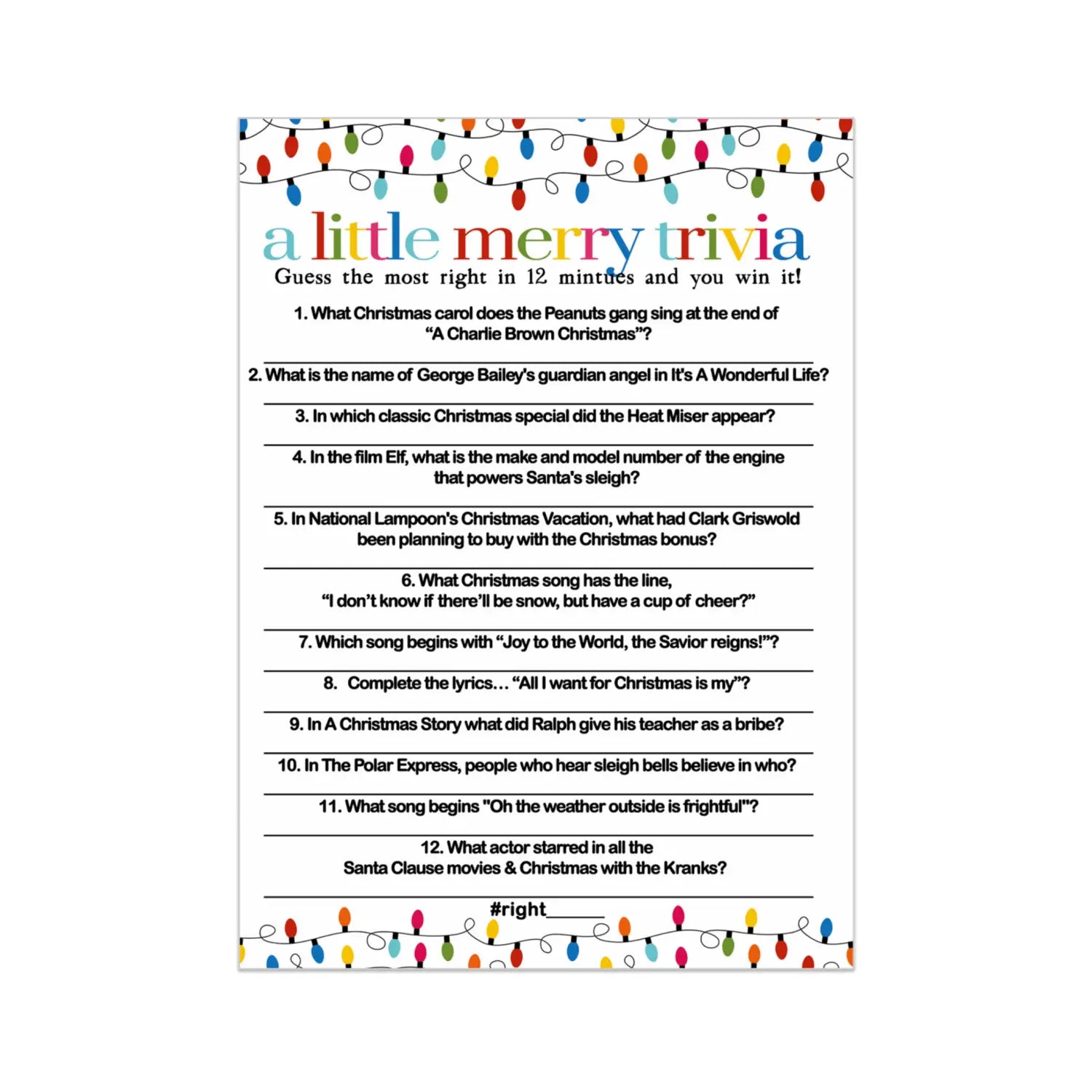 Festive lights christmas trivia game fun party activity with holiday movie and song questions for adults office group