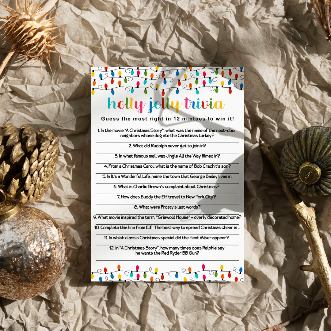 Festive Lights Christmas Trivia Party Games for Adults, Groups, Thanksgiving, Office, Holiday Movie and Song Activity, Colorful Xmas, 25 Pack, 5x7 Cards, Version 3 - Paper Clever Party