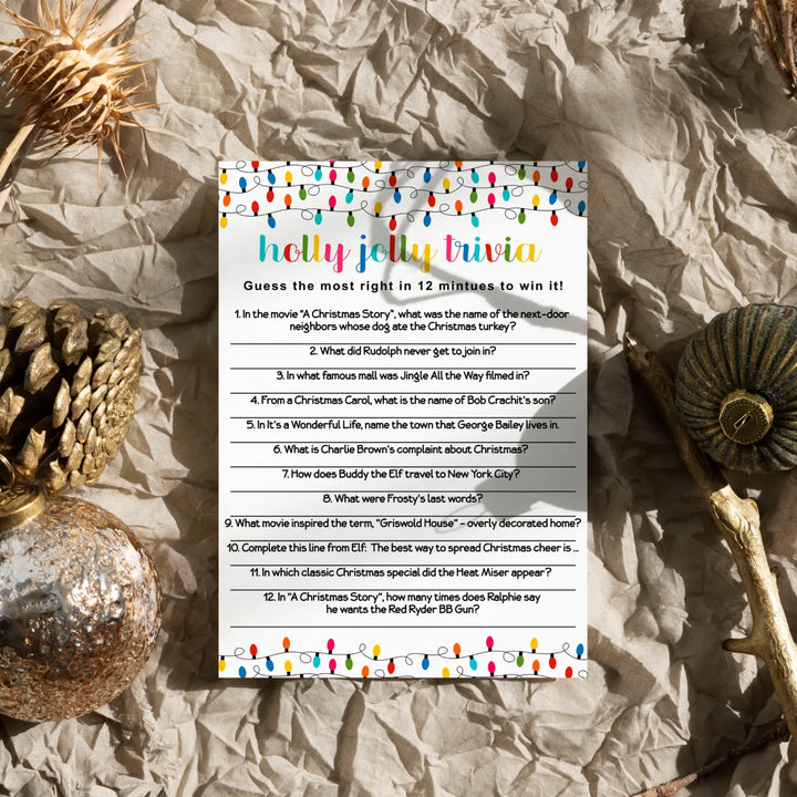 Festive Lights Christmas Trivia Party Games for Adults, Groups, Thanksgiving, Office, Holiday Movie and Song Activity, Colorful Xmas, 25 Pack, 5x7 Cards, Version 3 - Paper Clever Party