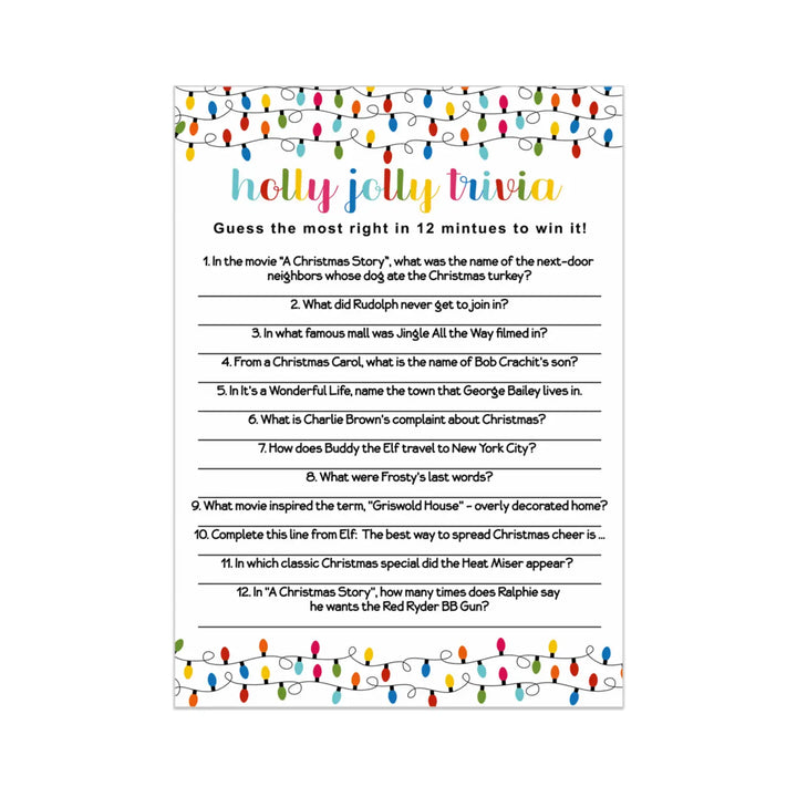 Festive Lights Christmas Trivia Party Games for Adults, Groups, Thanksgiving, Office, Holiday Movie and Song Activity, Colorful Xmas, 25 Pack, 5x7 Cards, Version 3 - Paper Clever Party