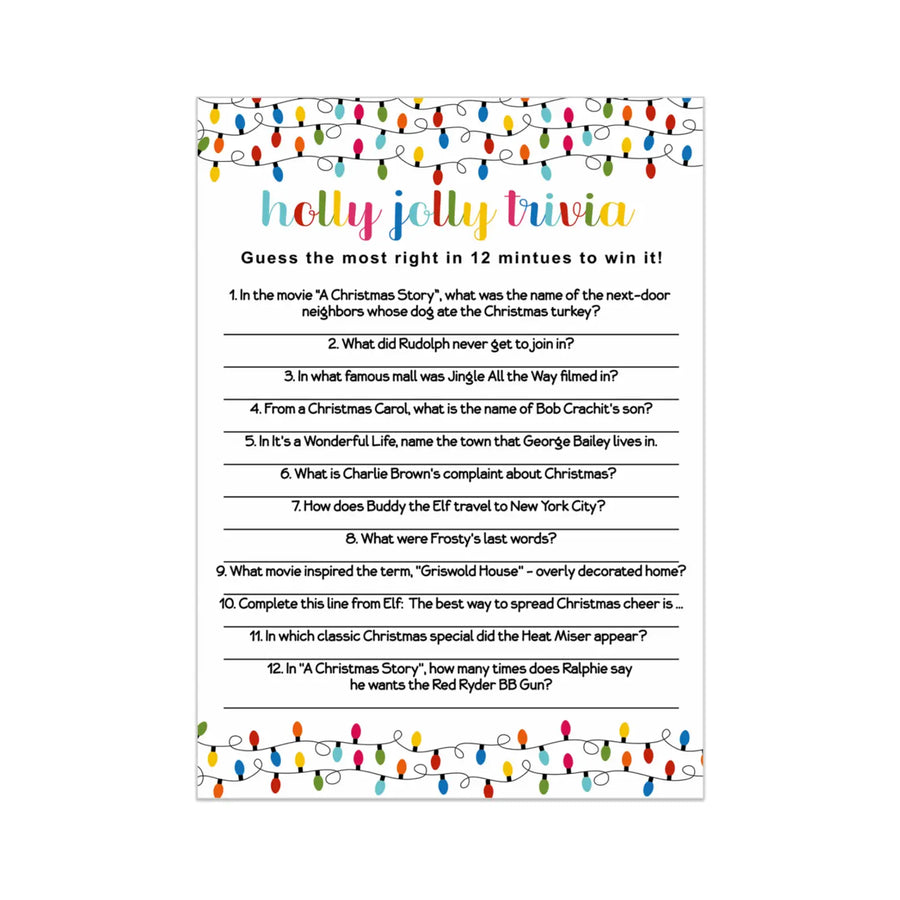 Festive Lights Christmas Trivia Party Games for Adults, Groups, Thanksgiving, Office, Holiday Movie and Song Activity, Colorful Xmas, 25 Pack, 5x7 Cards, Version 3 - Paper Clever Party