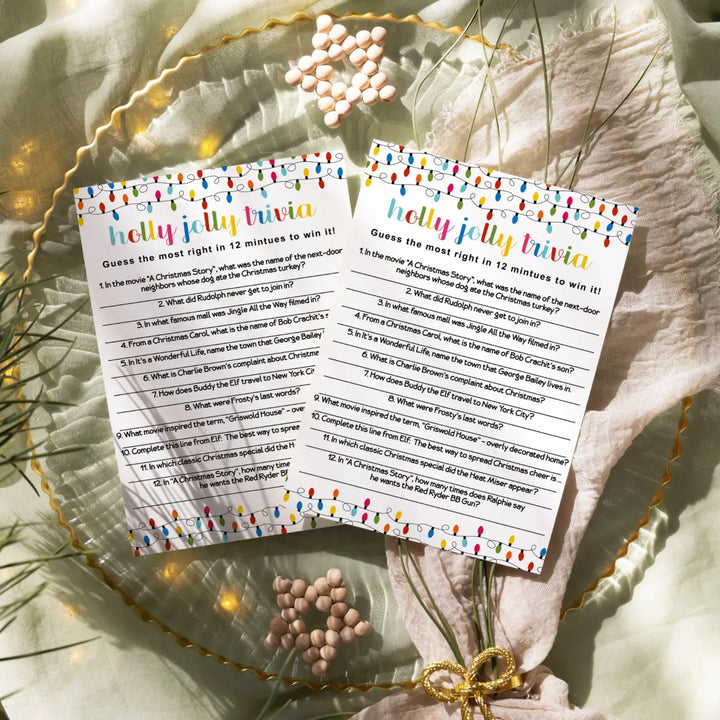 Festive Lights Christmas Trivia Party Games for Adults, Groups, Thanksgiving, Office, Holiday Movie and Song Activity, Colorful Xmas, 25 Pack, 5x7 Cards, Version 3 - Paper Clever Party