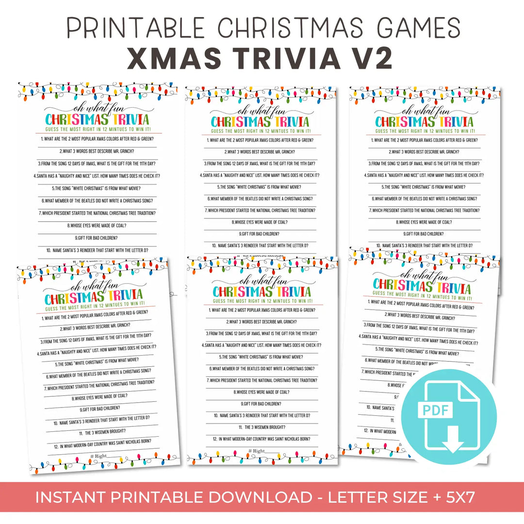 Festive lights christmas trivia printable holiday game instant download version 2 colorful fun - party games